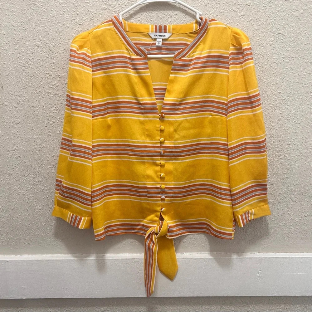 Express Yellow Striped Button Front Tie Blouse XS